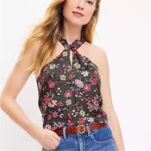 NWT Ann Taylor LOFT Linen Blend Floral Keyhole Halter Tank Top Green MP